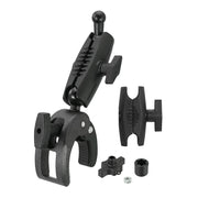The Robust Clamp Mount with Security Knob - 17mm Compatible features a ball-and-socket arm, tightening knob, and connectors for attaching accessories to various surfaces. The complete set is shown on a white background.