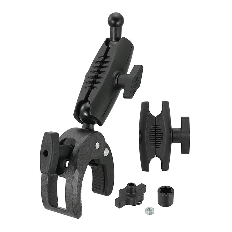 The Robust Clamp Mount with Security Knob - 17mm Compatible features a ball-and-socket arm, tightening knob, and connectors for attaching accessories to various surfaces. The complete set is shown on a white background.