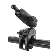 The Robust Clamp Mount with Security Knob - 17mm Compatible features a ball joint and mounts to horizontal metal bars for secure device or accessory attachment.