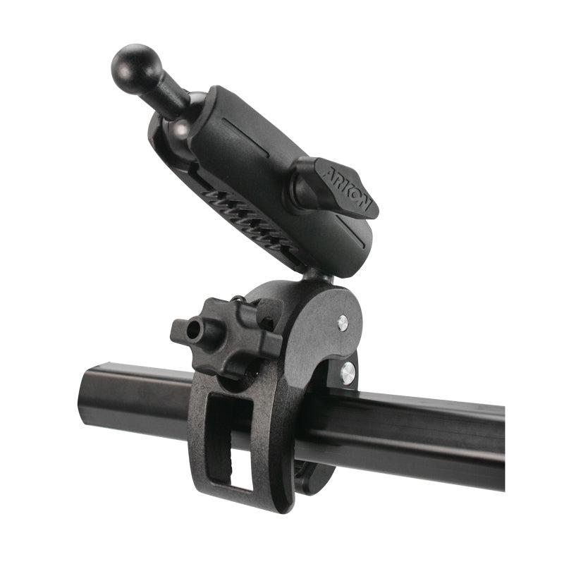 The Robust Clamp Mount with Security Knob - 17mm Compatible features a ball joint and mounts to horizontal metal bars for secure device or accessory attachment.