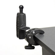 The Robust Clamp Mount with Security Knob - 17mm Compatible attaches securely to table edges, featuring a ball-and-socket joint for flexible positioning and a tightening knob for a reliable hold.