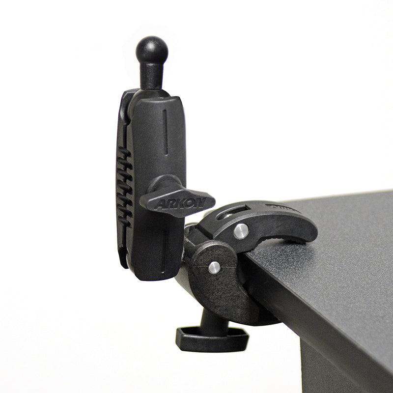 The Robust Clamp Mount with Security Knob - 17mm Compatible attaches securely to table edges, featuring a ball-and-socket joint for flexible positioning and a tightening knob for a reliable hold.