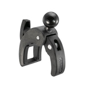 The Robust Clamp Mount with Security Knob - 25mm (1 inch) Compatible is a black plastic clamp with textured handles, two jaws, a visible spring, and a 25mm ball end on top, shown against a white background for secure accessory mounting.