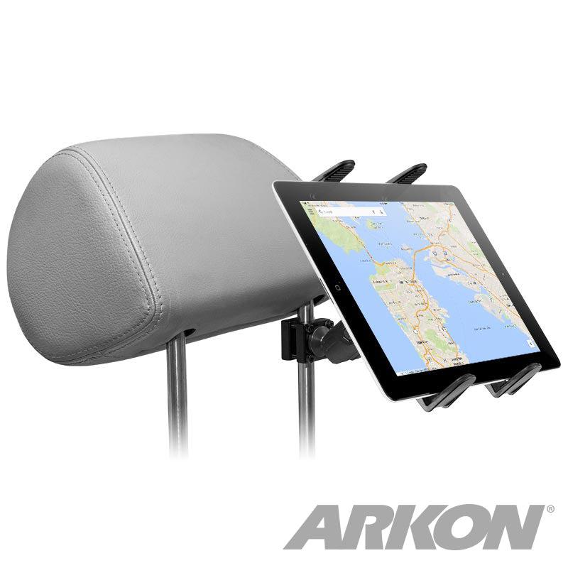A Slim-Grip® Tablet Headrest Mount secures a tablet displaying a map to a car headrest, offering rear seat entertainment. ARKON is prominently shown at the bottom right corner.