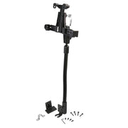 The LockVise™ Locking Seat Rail Tablet Mount with 18 Aluminum Gooseneck features a flexible arm, installation brackets, and screws, all displayed on a white background.