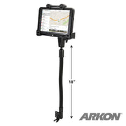 A tablet in a protective case is mounted on the LockVise™ Locking Seat Rail Tablet Mount with an 18 aluminum gooseneck, displaying a map with the ARKON logo in the lower right corner.