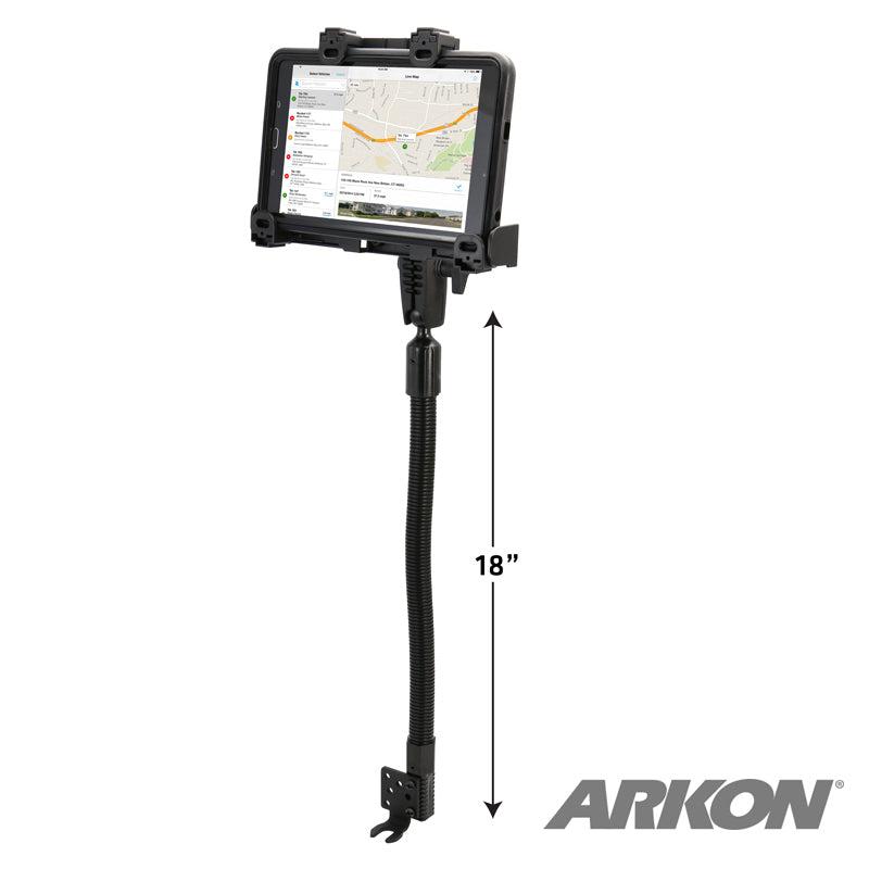 A tablet in a protective case is mounted on the LockVise™ Locking Seat Rail Tablet Mount with an 18 aluminum gooseneck, displaying a map with the ARKON logo in the lower right corner.