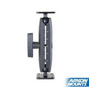 The Robust Heavy-Duty Metal AMPS Mount, a black metal shaft with ball joints on both ends, is displayed vertically for commercial device mounting. The Arkon Mounts logo appears in the bottom right corner.