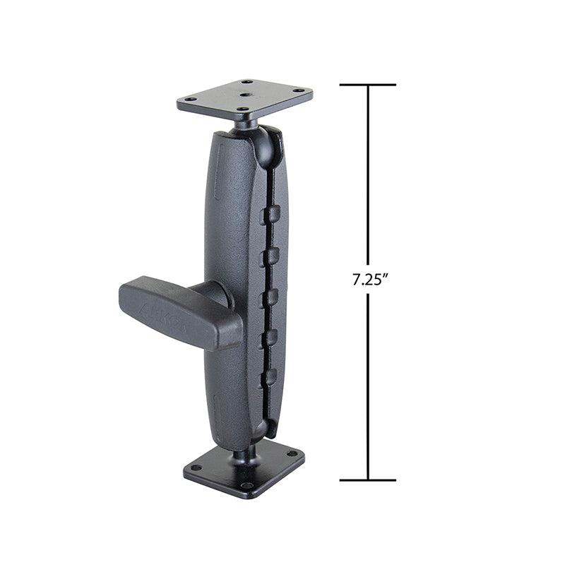 The Robust Heavy-Duty Metal AMPS Mount features an adjustable metal shaft arm, base plates on both ends, and a side lever for tightening. Perfect for commercial device mounting; shown beside a vertical line marking 7.25-inch height.