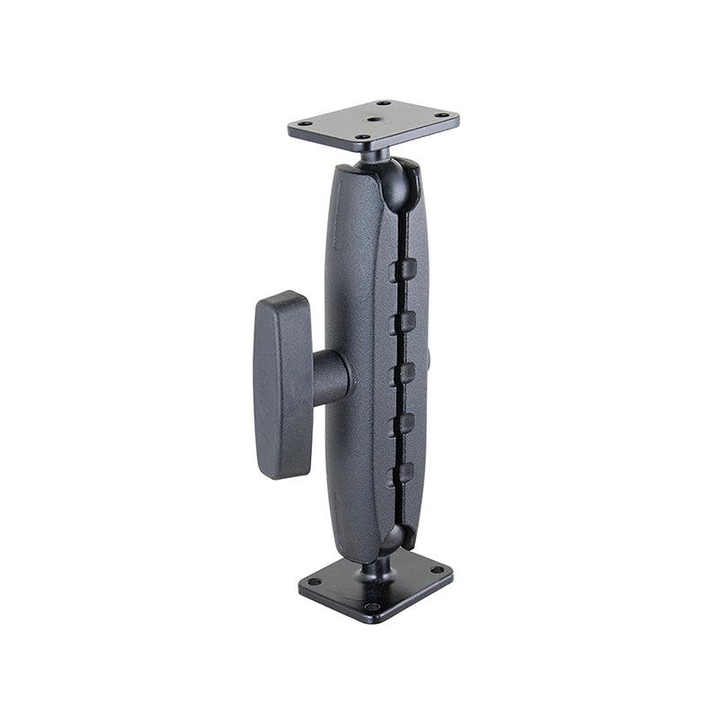 The Robust Heavy-Duty Metal AMPS Mount is a black adjustable metal arm with a central knob and rectangular plates with holes on both ends, allowing flexible and secure commercial device mounting to various surfaces.