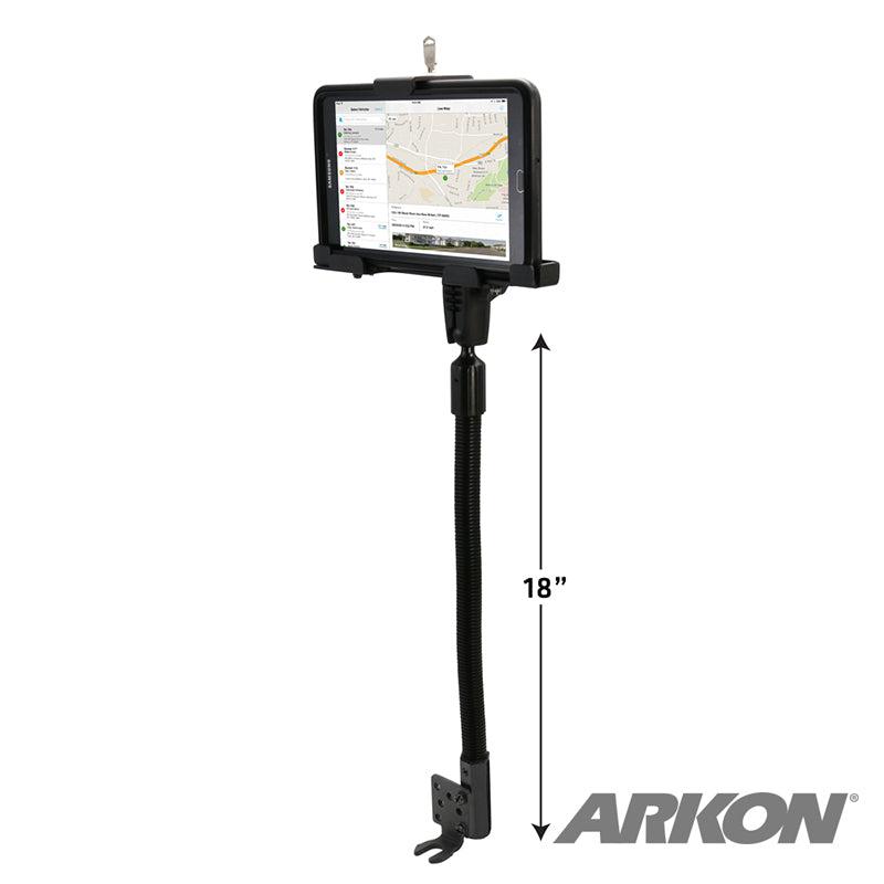 The LockVise™ Metal Locking Seat Rail Tablet Mount with 18 aluminum gooseneck and 3.75 shaft securely holds a tablet showing a map on a flat surface, with the ARKON logo visible in the bottom right corner.