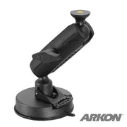 The Robust Heavy-Duty Windshield Suction Mount features a black adjustable arm, suction cup base, 1/4-20 bolt compatibility, and a securing knob. The Arkon logo is visible in the bottom right of the image.