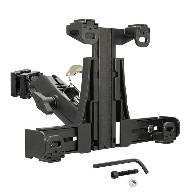 The LockVise™ Locking Car Headrest Tablet Mount, in black with adjustable clamps, hex key, screw, and nut, is ideal for securely mounting tablets and devices to your car’s headrest for entertainment or equipment use.