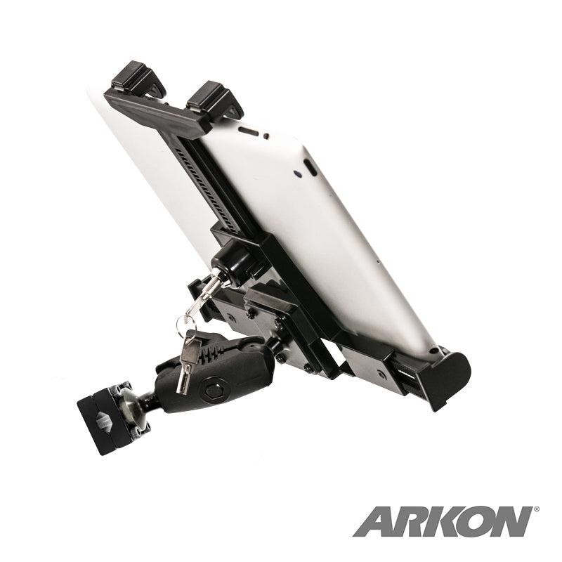 The LockVise™ Locking Car Headrest Tablet Mount secures your tablet in a black locking holder with an adjustable bracket and swivel base, ideal as a car entertainment system. The Arkon logo is displayed in the bottom right corner.