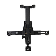 Front view of the LockVise™ Locking Car Headrest Tablet Mount with adjustable arms and attachment points, designed like a locking tablet holder, displayed against a white background.