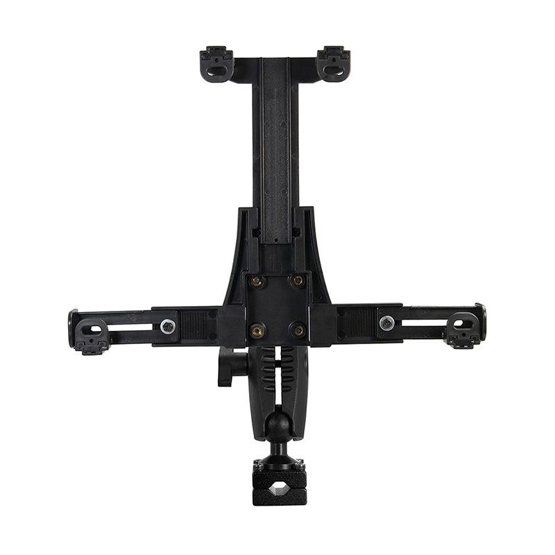 Front view of the LockVise™ Locking Car Headrest Tablet Mount with adjustable arms and attachment points, designed like a locking tablet holder, displayed against a white background.