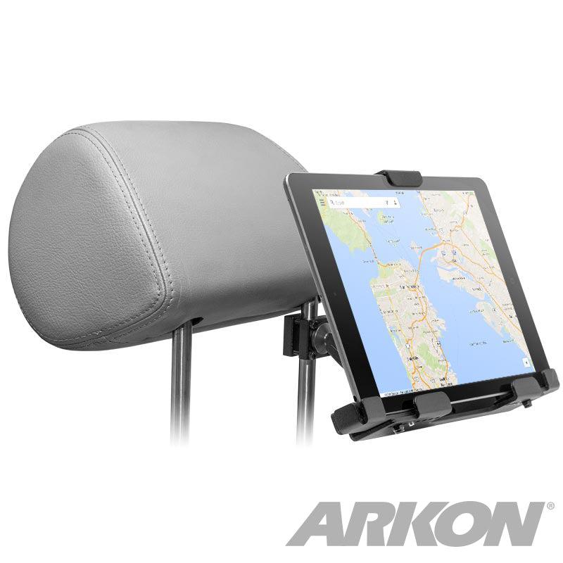 The LockVise™ Metal Locking Car Headrest Tablet Mount securely holds a tablet showing a map. Perfect for rear seat entertainment, it attaches to the headrest’s metal bars. “ARKON” appears in the bottom right corner.
