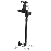 The LockVise™ Locking Seat Rail Tablet Mount with 18 Gooseneck—a black adjustable mount with flexible arm and hardware—resembles a locking TV wall mount, arranged on a white background.