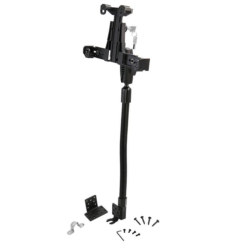 The LockVise™ Locking Seat Rail Tablet Mount with 18 Gooseneck—a black adjustable mount with flexible arm and hardware—resembles a locking TV wall mount, arranged on a white background.
