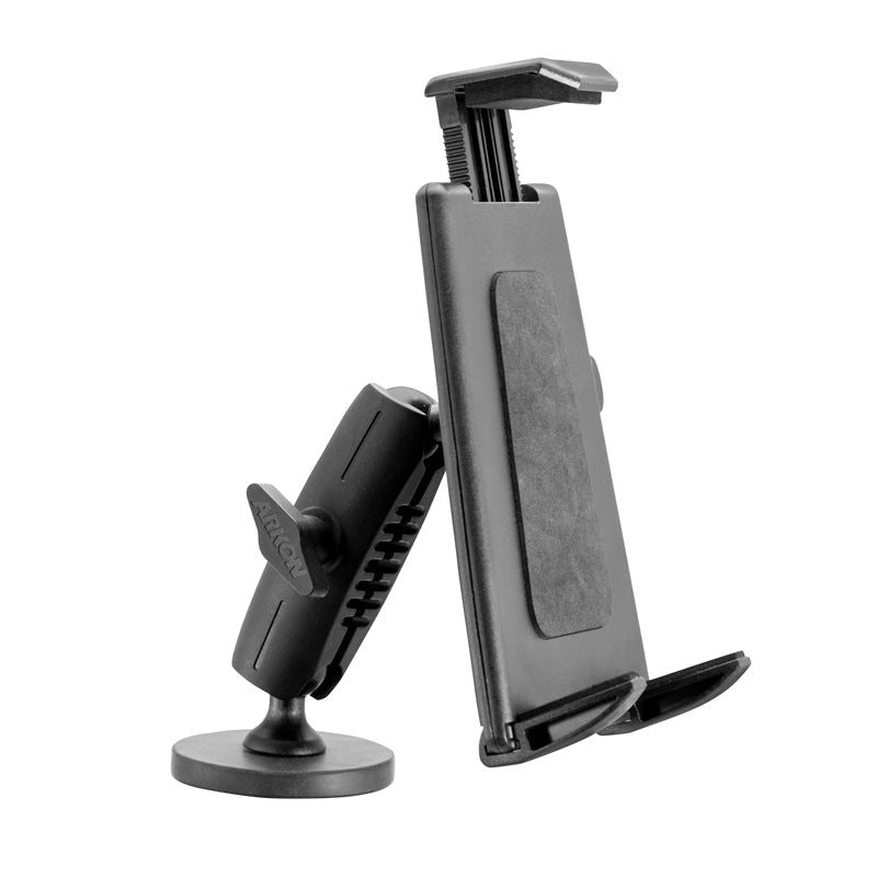 The Robust Magnetic Tablet Mount is a black adjustable holder with a suction cup base and tilting mount, designed to securely hold phones or tablets on flat surfaces—perfect as a hands-free gym equipment tablet mount.