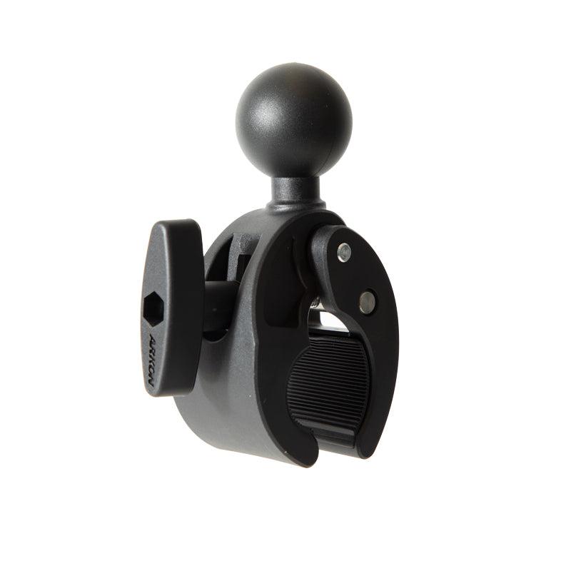 The Robust Mount Clamp Post with 38mm (1.5) Ball is a black and gray heavy-duty mount featuring a round ball head, side tightening knob, and ribbed inner grip for attaching accessories to rods or tubes.