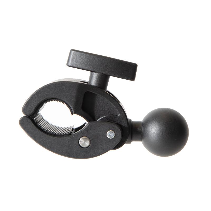The Robust Mount Clamp Post with 38mm (1.5) Ball features a black metal body, round top tightening knob, grooved jaws for secure grip, and a 38mm ball attachment for heavy-duty mounting.