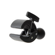 The Robust Mount Clamp Post with 38mm (1.5) Ball is a black metal clamp featuring a round adjustable knob, heavy-duty textured grip, and screw mechanism for secure attachment of objects.