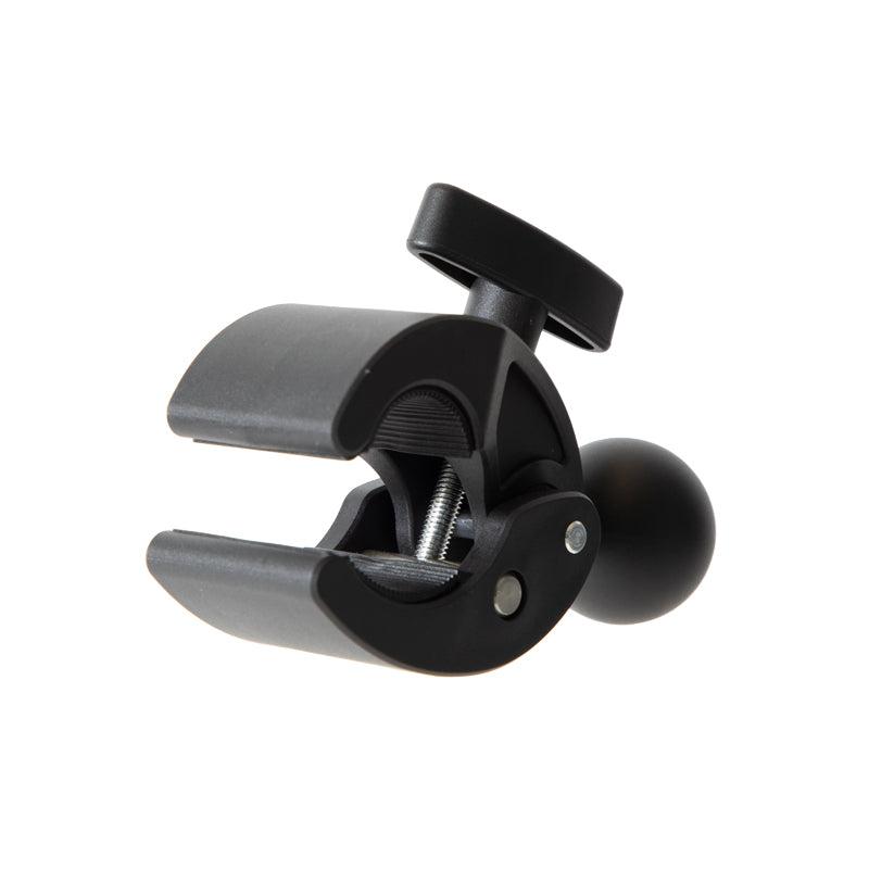 The Robust Mount Clamp Post with 38mm (1.5) Ball is a black metal clamp featuring a round adjustable knob, heavy-duty textured grip, and screw mechanism for secure attachment of objects.