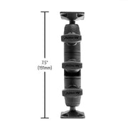 Vertical image of a black Robust Ratchet Extension Arm with AMPS Mount Plates, featuring three adjustment joints and measuring 7.5 inches (191 mm) in height. Black text and lines show the measurement beside the arm.