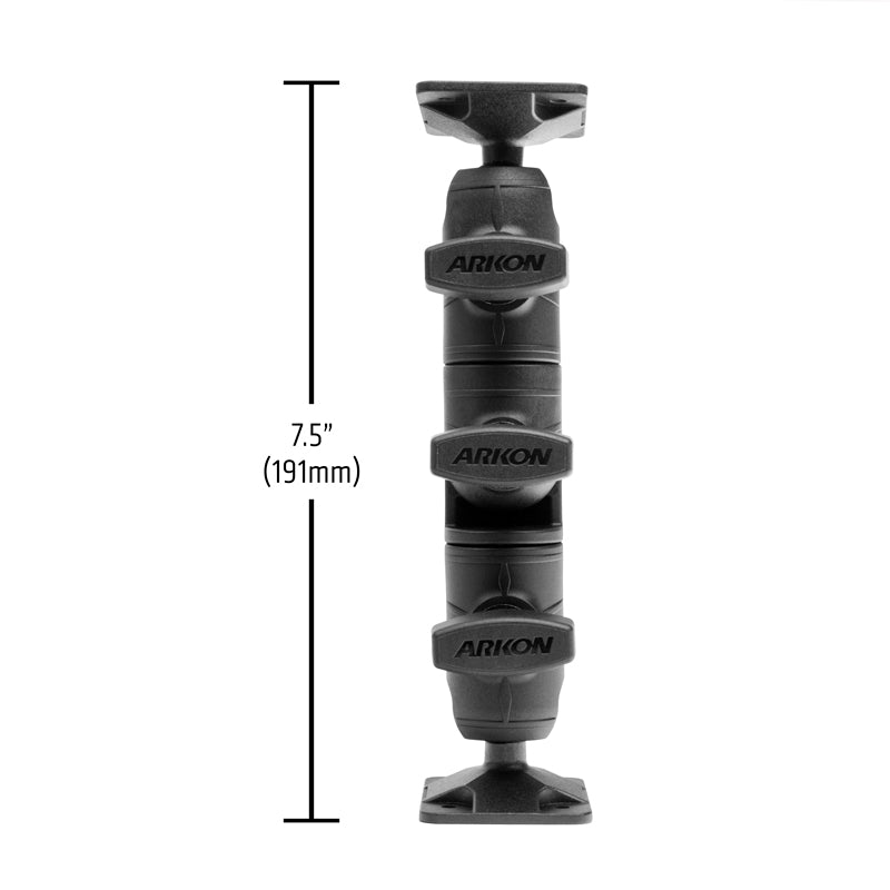 Vertical image of a black Robust Ratchet Extension Arm with AMPS Mount Plates, featuring three adjustment joints and measuring 7.5 inches (191 mm) in height. Black text and lines show the measurement beside the arm.