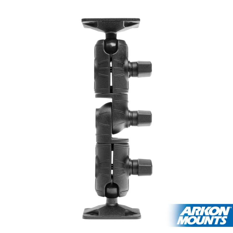 A black Robust Ratchet Extension Arm with AMPS Mount Plates, featuring two tightening knobs, is shown vertically on a white background. The Arkon Mounts logo appears in the bottom right corner.