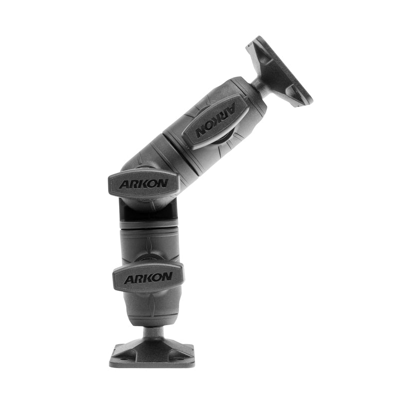 A black Robust Ratchet Extension Arm with AMPS Mount Plates and ARKON branding is shown at a diagonal angle on a white background, featuring multiple adjustable joints for universal vehicle mount applications.