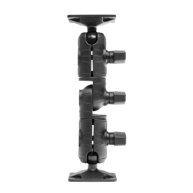 The Robust Ratchet Extension Arm with AMPS Mount Plates features three pivot points and two AMPS plates, shown vertically on a white background; its an ideal universal vehicle mount solution.
