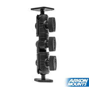 A black Robust Ratchet Extension Arm with metal AMPS and diamond mount plates, three pivot joints, and locking knobs for secure device mounting. The Arkon Mounts logo is in the bottom right corner.