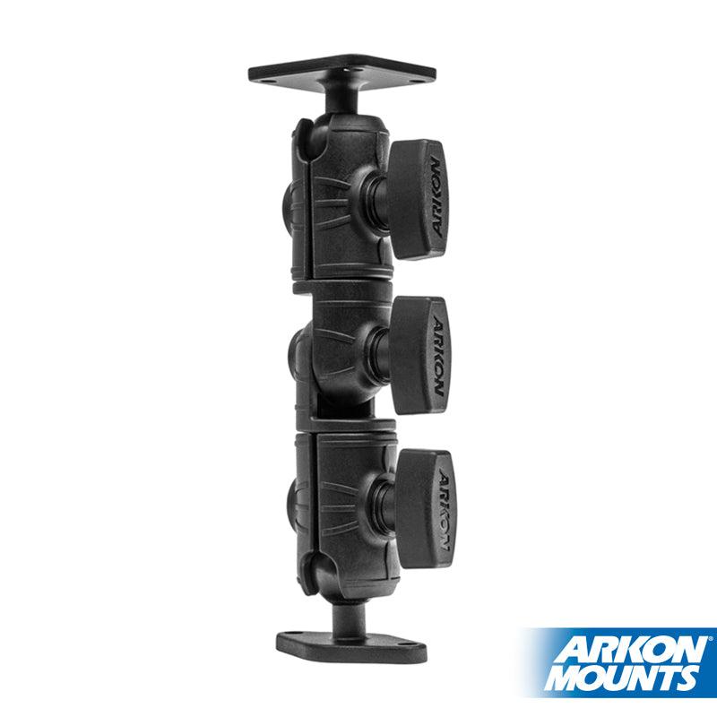A black Robust Ratchet Extension Arm with metal AMPS and diamond mount plates, three pivot joints, and locking knobs for secure device mounting. The Arkon Mounts logo is in the bottom right corner.
