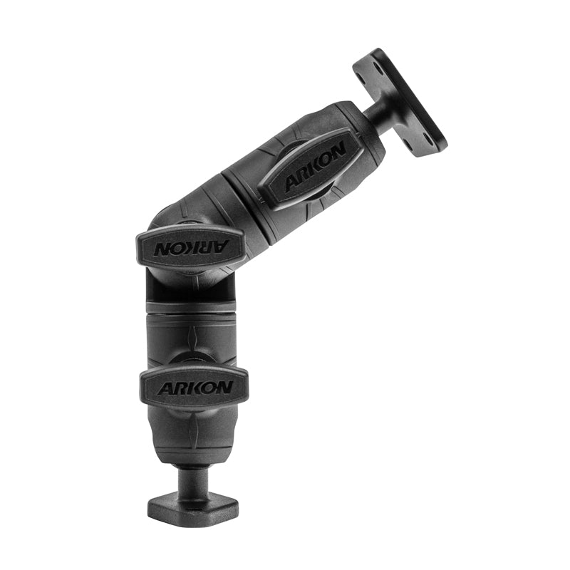 A black, adjustable swivel arm with three pivot joints, the Robust Ratchet Extension Arm with Metal AMPS and Diamond Mount Plates is designed for securely attaching AMPS-compatible device mounts or equipment.