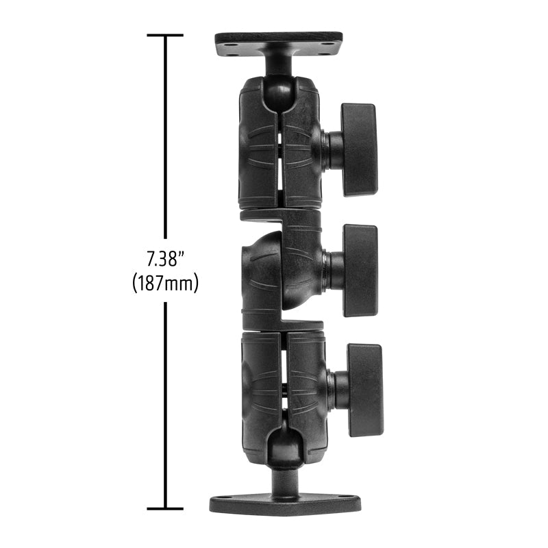The Robust Ratchet Extension Arm with Metal AMPS and Diamond Mount Plates is black, features adjustable knobs, measures 7.38 inches (187mm) vertically with top/bottom flat plates, and is ideal for AMPS-compatible device mounting.
