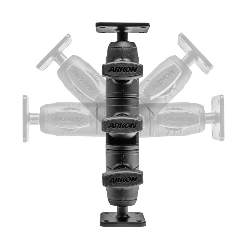 A black Robust Ratchet Mount with AMPS Plates is centered, with faded duplicate images behind it illustrating its range of motion and flexibility.