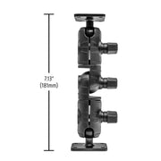 The Robust Ratchet Mount with AMPS Plates features two rotating joints and knobs, stands 7.13 inches (181 mm) tall, and includes a black adjustable double socket arm between two rectangular AMPS 4-hole base plates.