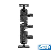 Side view of the Robust Ratchet Mount with AMPS Plates by Arkon Mounts, a black adjustable arm with three joints and knob locks, attached to rectangular base plates with the AMPS 4-hole pattern. The Arkon Mounts logo appears in the bottom right.