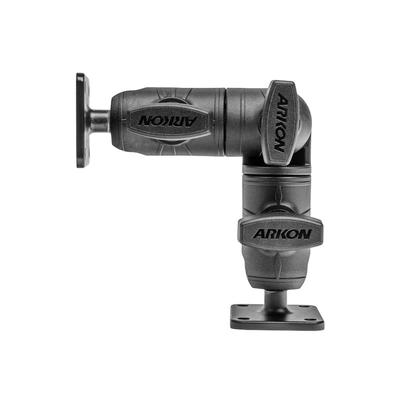 The Robust Ratchet Mount with AMPS Plates is a black adjustable arm featuring joints, a flat base, visible Arkon branding, and supports the AMPS 4-hole pattern for secure surface attachment of devices.