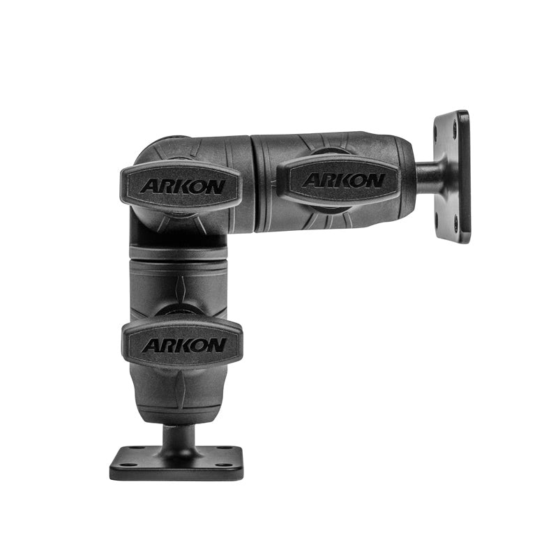 The Robust Ratchet Mount with AMPS Plates features a black adjustable double socket swivel shaft, three pivot points, and flat rectangular mounting plates with the AMPS 4-hole pattern on each end; ARKON branding appears on its joints. Photographed on white background.