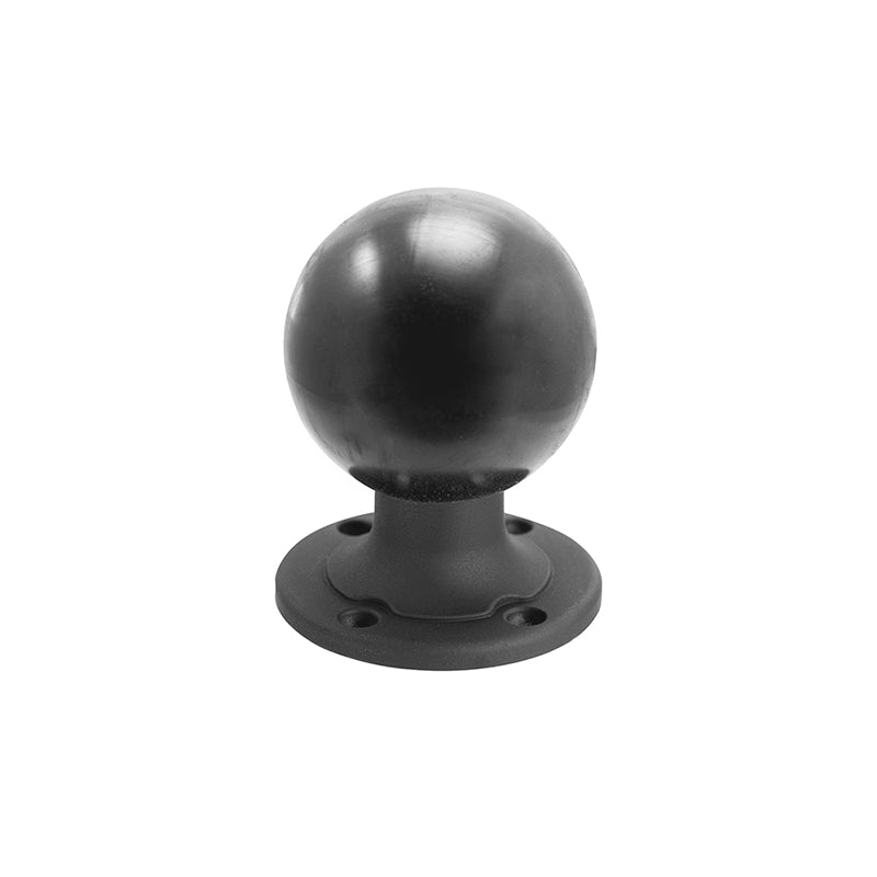 The Robust Round Aluminum 57mm (2.25 inch) Ball to 4-Hole AMPS Adapter features a sturdy round base with four screw holes, making it an ideal commercial mount solution, shown isolated on a white background.