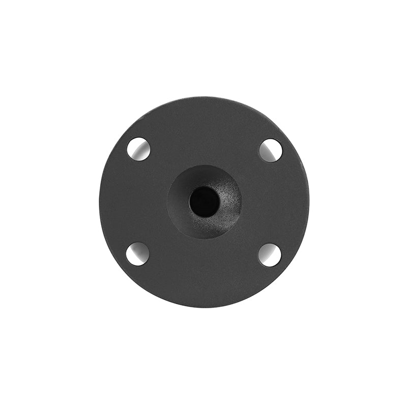 The Robust Round Aluminum 57mm (2.25 inch) Ball to 4-Hole AMPS Adapter features a black circular design with a central hole and four evenly spaced mounting holes—ideal for commercial mounting applications.