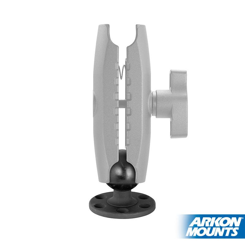 The Robust Round Aluminum 57mm (2.25 inch) Ball to 5-Hole Adapter is a gray adjustable mounting arm with base and tightening knob for attaching devices. It features a 5-hole drill base for secure installation. Arkon Mounts logo shown bottom right.