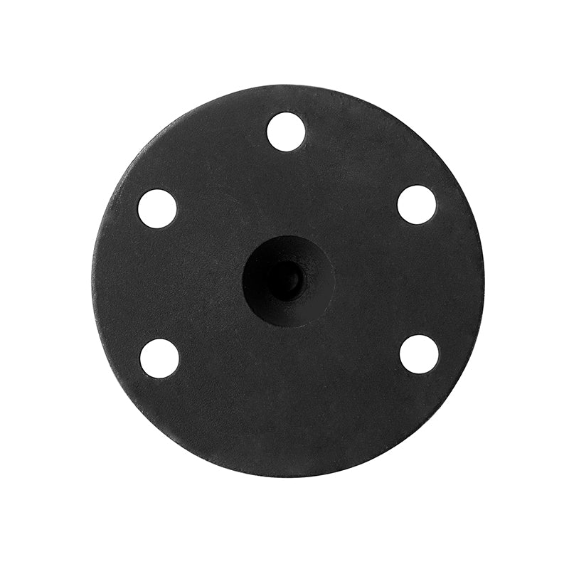 The Robust Round Aluminum 57mm (2.25 inch) Ball to 5-Hole Adapter is a black circular metal plate with a central opening and five drill holes, shown from above on a white background.