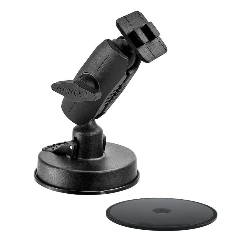 The Robust Sticky Suction Windshield or Dash Car Mount by Arkon is a black universal smartphone holder with an adjustable arm and cradle, shown with a round adhesive mounting disk on a white background. Ideal for dash or windshield use.