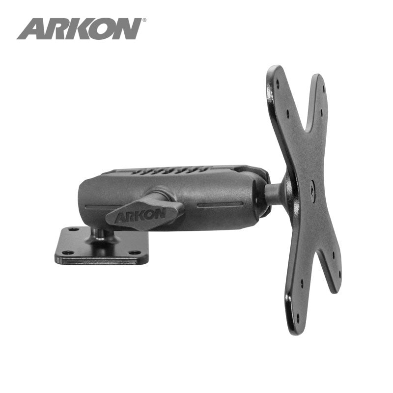 Side view of the Robust VESA 75/VESA 100 Drill-Base AMPS Mount in black, featuring an adjustable wall mount bracket with a sturdy pedestal and VESA compatibility, designed for monitors or devices. The ARKON logo appears in the upper left corner.