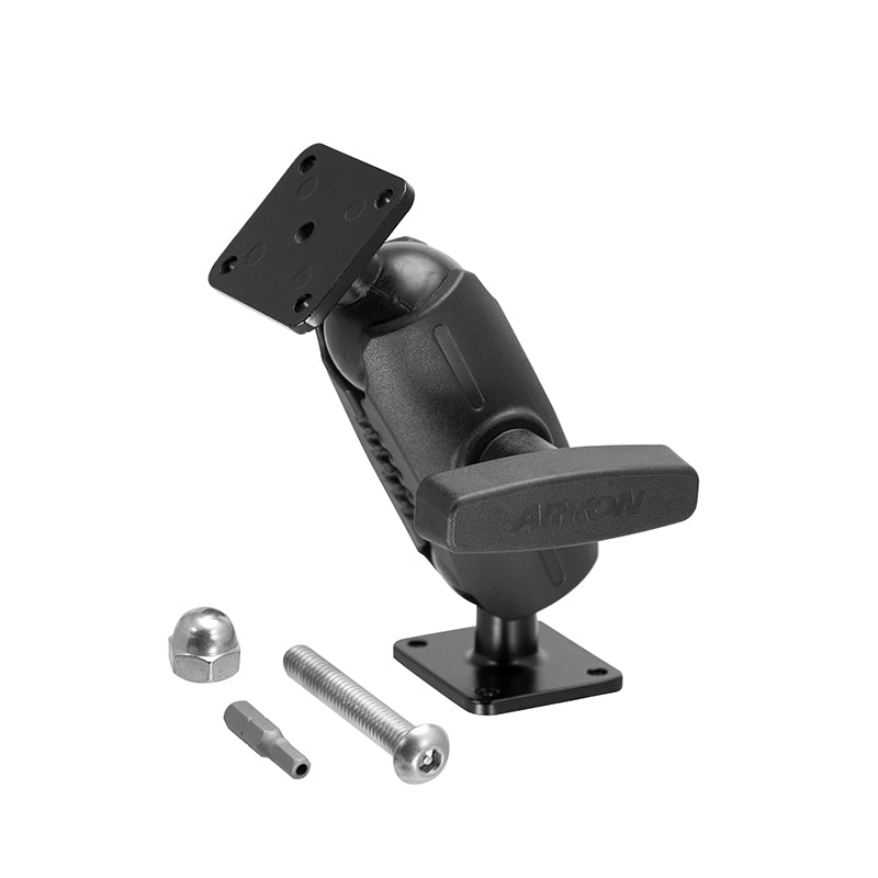 The Robust™ 5.4 inch Metal AMPS Mount with Security Hardware features a black, heavy-duty swivel arm and square base, AMPS 4-hole drill mount, and includes a screw, bolt, nut, and hex bit shown on a white background. Compatible with 38mm (1.5 inch) balls.