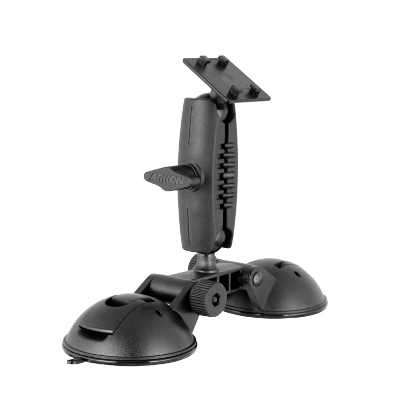 The Robust™ Double Windshield Suction Mount - 4-Prong Pattern Compatible is a black heavy-duty mount with an adjustable arm and mounting plate, ensuring secure attachment to smooth surfaces like glass or dashboards.